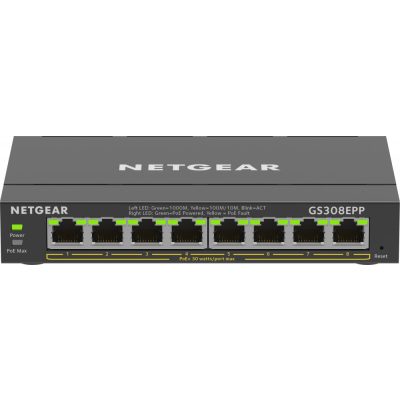 NETGEAR 8-Port Gigabit Ethernet High-Power PoE+ Plus Switch (GS308EPP) Vezérelt L2/L3 Gigabit Ethernet (10/100/1000) Ethernet-áramellátás (PoE) támogatása Fekete